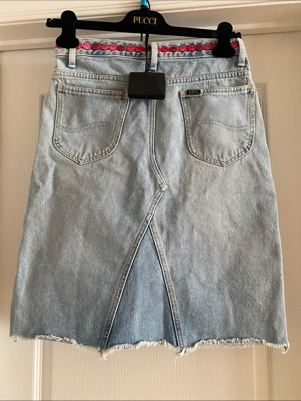 Lee Light Blue Denim Midi Skirt with Pink Braided Waist